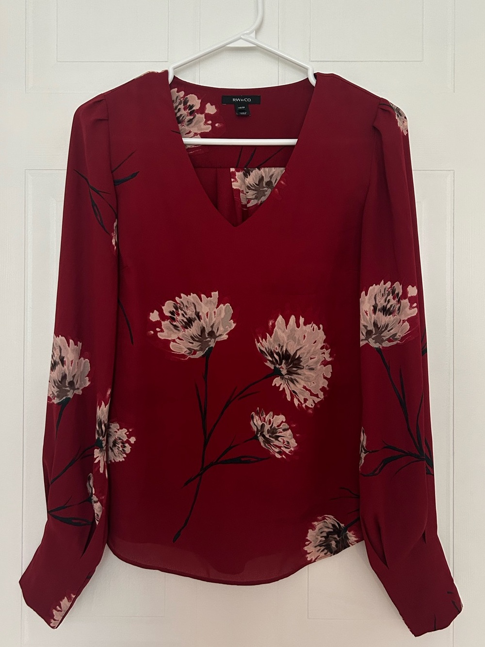 RW&CO. Floral V-Neck Long-Sleeve Blouse in Burgundy - Women’s Size XS